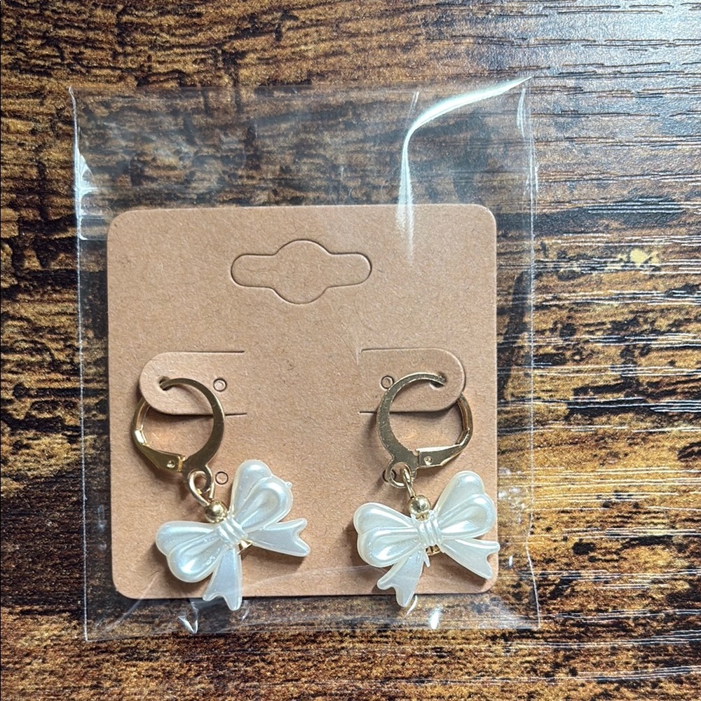 Elegant Gold and White Bow Earrings for Kids